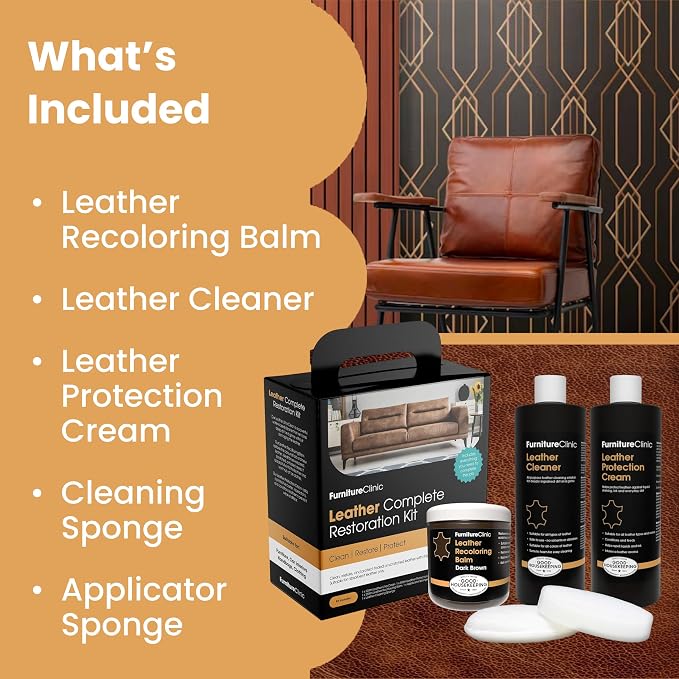 Furniture Clinic Leather Complete Restoration Kit | with Leather Recoloring Balm, Cleaner, 2-in-1 Protection Cream & Conditioner, Sponge, and Cloth | Repair Kit for Furniture (Cream)