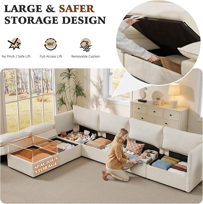 Ihanherry 135” Modular Sectional Sofa with Storage, U Shaped Cloud Couch with Movable Ottomans & 4 Pillows, Chenille Deep Seat Sectional Couches for Living Room, Apartment (Beige)