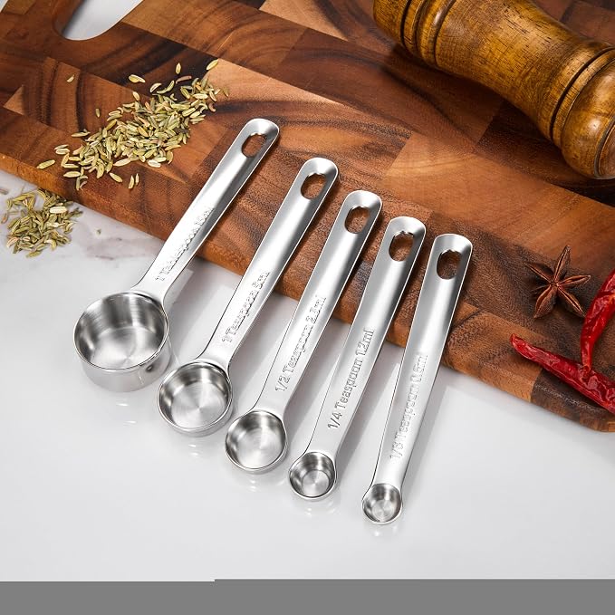 KEAWELL Premium 5-Piece 18/10 Stainless Steel Measuring Spoons Set – Durable, Stackable, Dishwasher Safe – Nesting Design for Baking & Cooking (Silver, 5PC Measuring Spoons)
