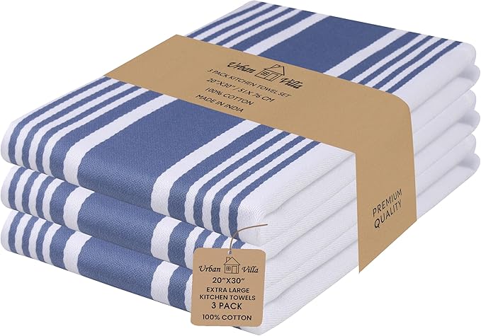 Urban Villa Kitchen Towels 100% Cotton Dish Towels for Kitchen (Set of 3) 20”x30” Dish Cloths Highly Absorbent Kitchen Linen Set with Hanging Loop Perfect for Drying Dishes Cleaning Towels-Blue White