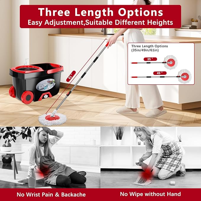 FunClean Spin Mop and Bucket for Home Cleaning, 360° Rotating Floor Mop with Wringer, Adjustable 61" Handle for Back Pain Relief, 6 Microfiber Replacement Heads, 2 Easy-Move Wheels - Black