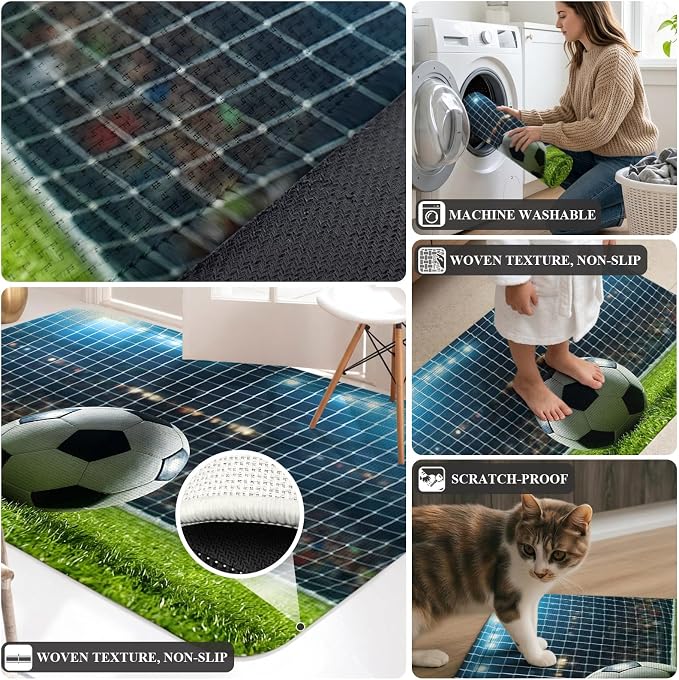 Front Door Mat Indoor Outdoor 19.7"x31.5", Football Absorbent Non Slip Welcome Mat, Soccer Ball Sports Net Mesh Evening Match Low Profile Entryway Rug for Front Entrance Porch Back Door Patio