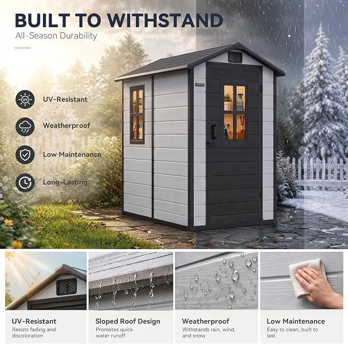 DWVO Outdoor Storage Shed 4.4×6FT, Plastic Garden Shed with 2 Windows | Resin Outdoor Tool Shed with Floor, Door Handle & Lock, Vents for Backyard Patio, Stores Bike Garden Tools, Gray & Black