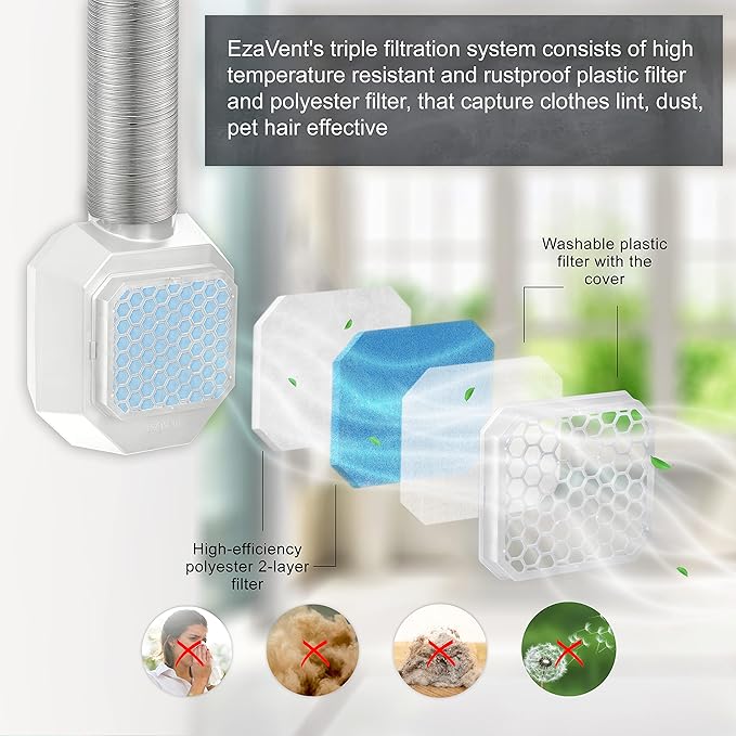 EzaVent Indoor Dryer Full Set Vent with 4 Filters, 8ft Aluminium Duct Hose and Fittings Only for Electric Dryers - 1 Year Warranty (White EzaVent Full Set)