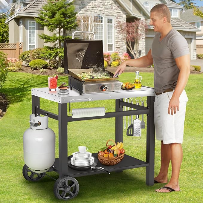Grill Table, Movable Dining Cart, Pizza Oven Table Stand, Double-Shelf Grill Stand, Food Prep and Work Cart with Wheels, Hooks, Fits for Blackstone Ninja