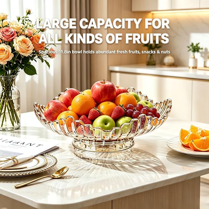 Rotatable Crystal Glass Fruit Bowl, Extra Large Flower Tray 12In | Smooth 360° spinning base, max 20kg load for kitchen & dining display