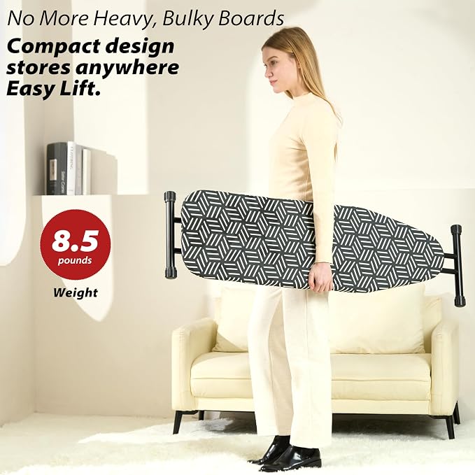 caius Ironing Board 43''x13'', 7 Adjustable Heights, Saves Space | Anti-skid feet for stability · Ultra-thick pure cotton cover · Fast wrinkle-free ironing · 28-35" height range