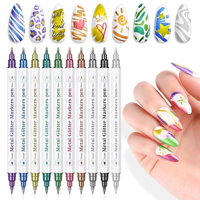 SAVILAND Nail Art Pens Set: 10 Colors Double Ended Quick Dry Nail Polish Pens for Nail Art Design Painting Drawing Liner Brush Dotting Tool Metallic Nail Paint Markers Pen Home Manicure DIY