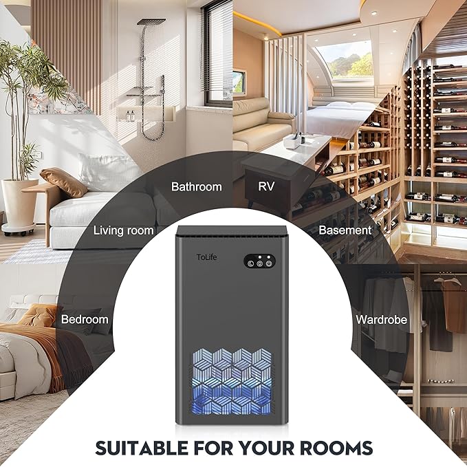 ToLife Dehumidifier for Home 95 OZ Water Tank, 1000 sq.ft Dehumidifiers for Basement Bedroom Bathroom with Auto Shut Off 7 Colors LED Light, Grey