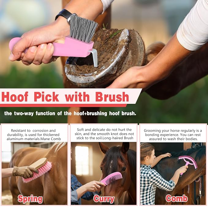 Abbylike 12 Piece Horse Grooming Kit with Organizer Tote Bag Brush Sets for Derby Day Show Horses Professional Tools for Care & Massage(Grey and Pink)