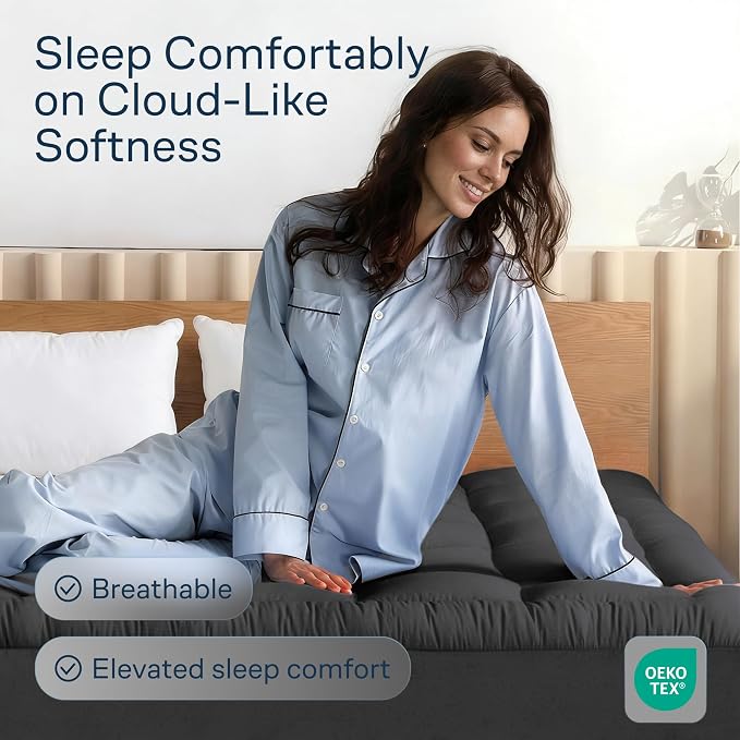 Niagara Sleep Solution Cloud-Like King Non-Slip Mattress Topper - 100% Cotton Top Mattress Pad for Back Pain Relief - Extra-Grip, Breathable & Naturally Cooling for Hot Sleepers, Dark Gray