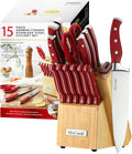 McCook Knife Set Red Kitchen Knife Block Set w Built-in Sharpener | German Forged Stainless Steel,15 PC,Razor Sharp, Anti-Rust,Ergonomic Handle,Full Tang,Vibrant Red, Gift Box