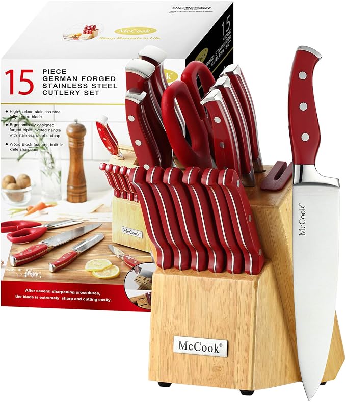 McCook Knife Set Red Kitchen Knife Block Set w Built-in Sharpener | German Forged Stainless Steel,15 PC,Razor Sharp, Anti-Rust,Ergonomic Handle,Full Tang,Vibrant Red, Gift Box