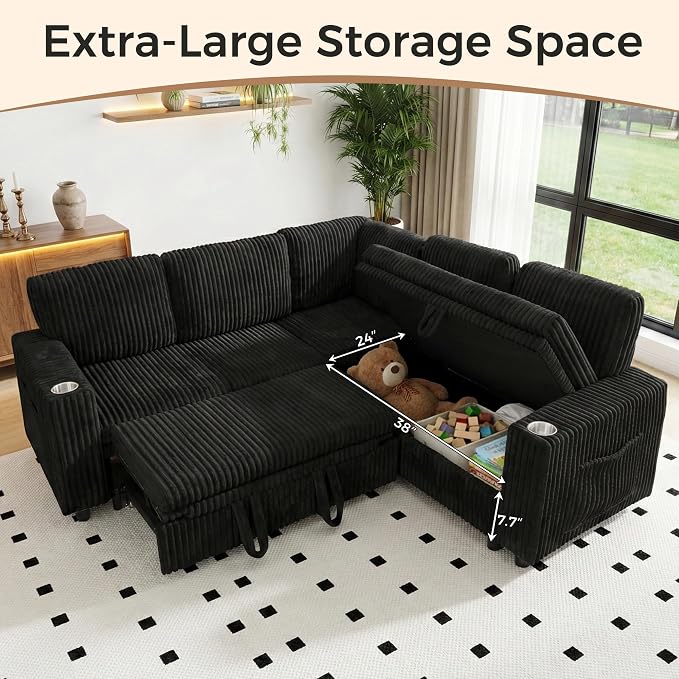 L-Shaped Sectional Sleeper Sofa with Pull Out Bed, Black | Plush Corduroy Modular Couch with Storage, USB Charging, Cup Holders – Cozy Cloud Couches for Living Room, Easy Assembly