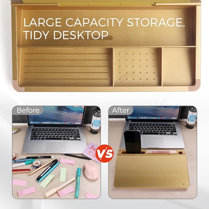 TOWON Small Compact Glass Desktop Whiteboard with Storage – 12 x 7 in Dry Erase Board for Desk, Home Office, School | Includes 5 Markers, Eraser & Holder | Space-Saving Organizer, Metallic Gold