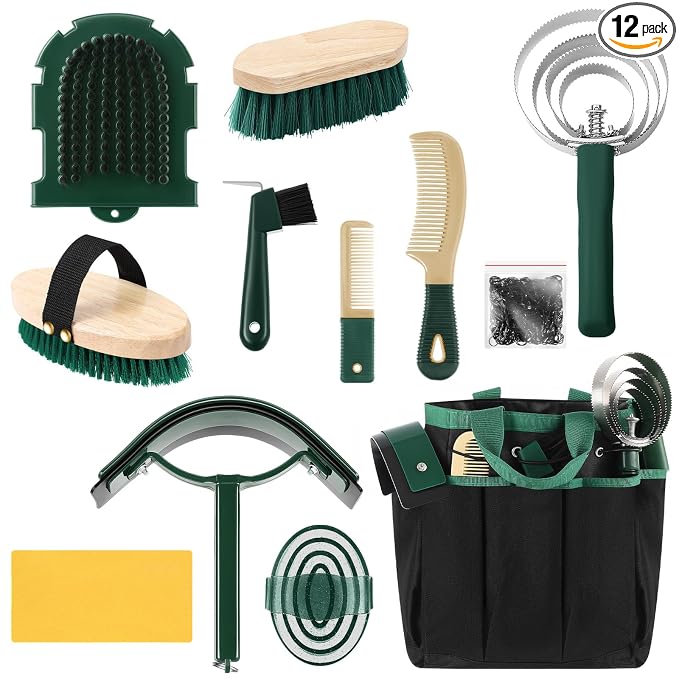 Abbylike 12 Piece Horse Grooming Kit with Organizer Tote Bag Brush Sets for Derby Day Show Horses Professional Tools for Care & Massage(Khaki and Green)