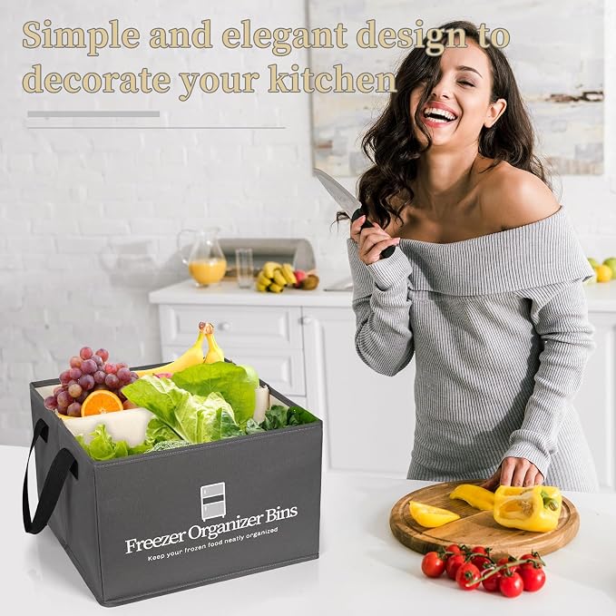 Flenpptly Freezer Organizer Bins, 4 Pack Freezer Storage Bins, Dark Grey | 15"x14"x9" Collapsible Deep Freezer Organizer Bins with Removable Dividers, Handles