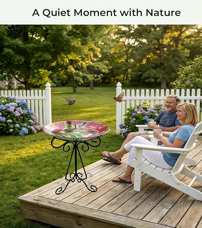 Large Glass Bird Bath with Metal Stand, Hummingbird | 18" Wide Bowl, 3.2" Bathing Depth, Thick Glass Construction, Stable 3-Leg Base, Easy Clean Surface, Garden Decor