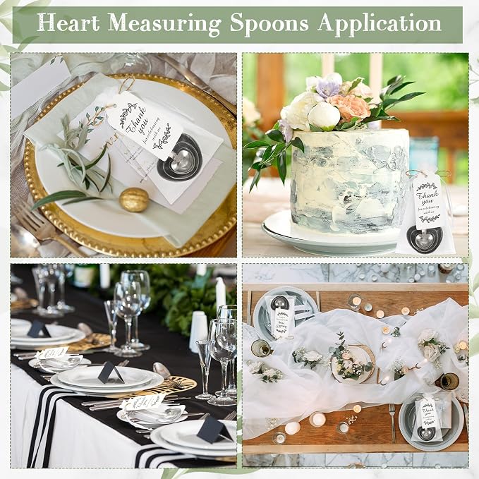 Umigy 12 Set Heart Shaped Measuring Spoon Tea Spoons Wedding Baby Shower Favors for Guests Set Heart Shape Drawstring Organza Bag Gift Tag Rope for Wedding Bridal Shower Souvenir (Silver)