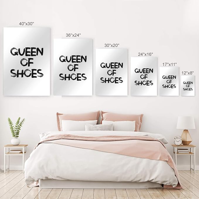 Smile Art Design Queen of Shoes Black and White Modern Brush Lettering Glam Fashion Metal Print Wall Art Office Bathroom Teen Girls Room Women Dorm Bedroom Living Room Wall Decor 17x11