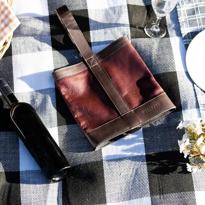 Double Wine Carrier Bag – Leather Wine Tote for Two Bottles with Handles & Metal Buckle – Protective Carrier for Picnic, Wine Champagne Gift Bag (Merlot)