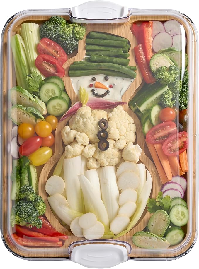 Farberware Build-A-Board Snowman Shaped Bamboo Serving Board with Clear Lid, Make and Take Holiday Charcuterie and Dessert Tray