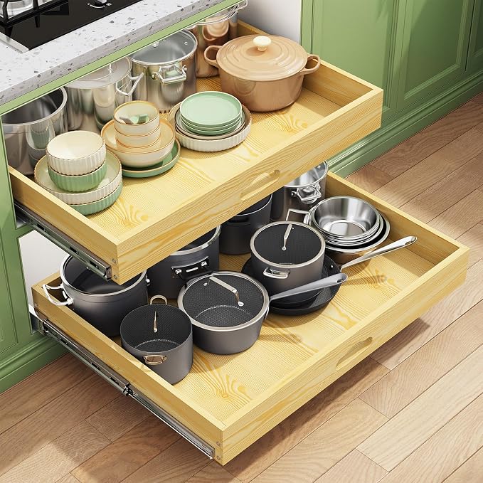 Pull Out Cabinet Organizer, Soft Close Wooden Slide Out Drawers for Pots and Pans, Full-extension Roll Out Shelves for Kitchen Cabinets, Pantry Organization, Bottom & Side Mount(26"W X 21"D x 3.4''H)