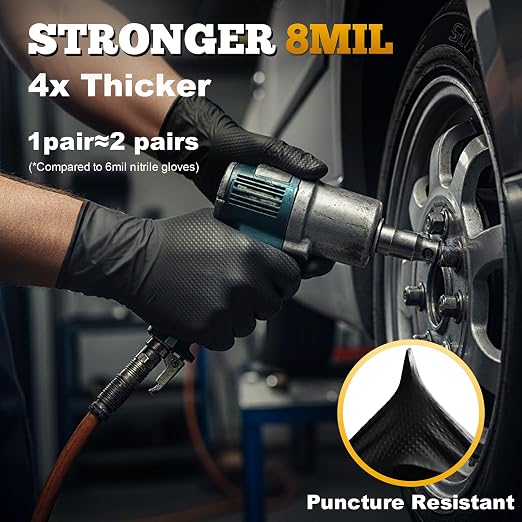 TitanFlex Heavy Duty Black Industrial Nitrile Gloves, 8-mil, Large, Box of 1000, Latex Free, Raised Diamond Texture, Powder Free, Food Safe, Rubber Gloves, Mechanic Gloves(L)