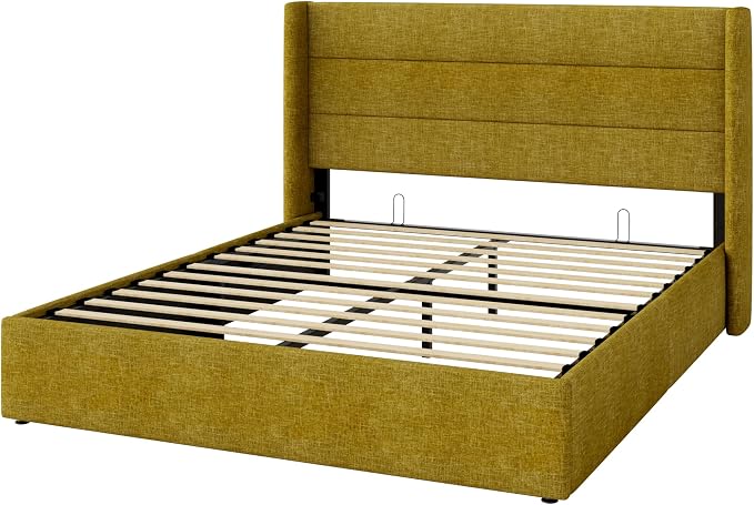 Allewie Full Size Lift Up Hydraulic Storage Bed Frame Olive Yellow | Modern Wingback Headboard, Hydraulic Support Storage, No Box Spring Needed