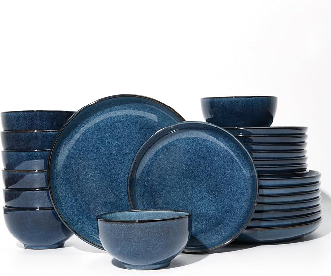 Pokini 24 Piece Dinnerware Sets for 8, Modern Stoneware Plates and Bowls Setst, Perfect for Family Gatherings & Holiday Celebrations, Easy Cleaning Dishes Set, Stack Compactly Dishware, Starry Blue