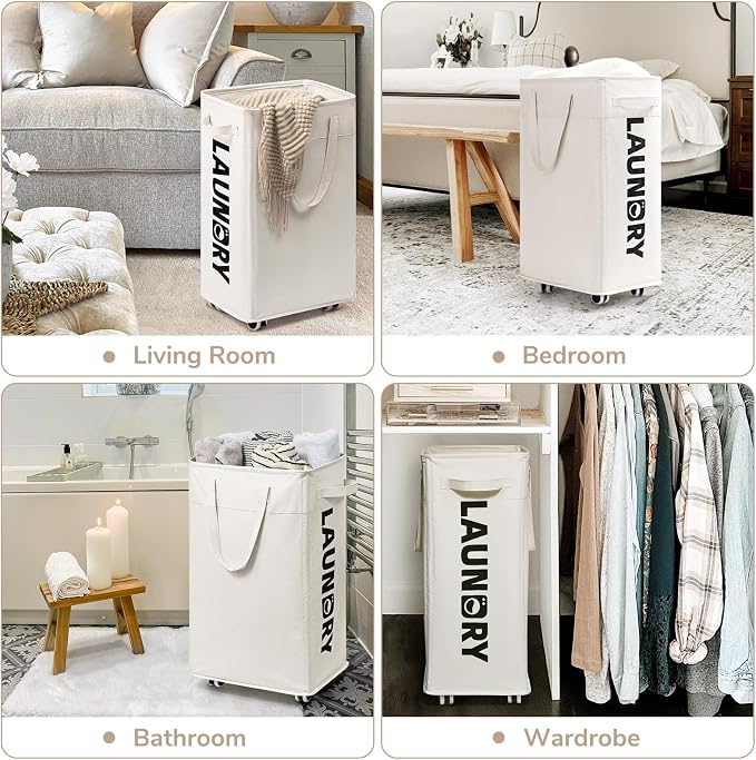 CHICVITA Collapsible Laundry Hamper on Wheels, 75L Clothes Laundry Basket with Removable Wash Bag for Dorms, Clothes Hamper with Handles, White