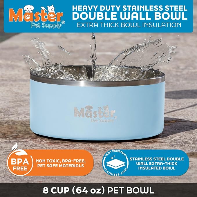 Master Pet Supply Stainless Steel Dog Bowls - 64 oz, Heavy Duty - Glacier Blue, Double Wall Extra-Thick Insulated, Non-Slip Pet Water Bowl for Dogs, Cats & Pets, Anti Rust Metal, Dish Washer Safe