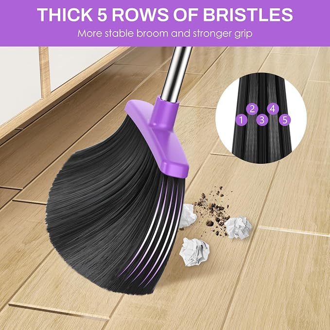 Broom and Dustpan Set for Home, 51-in Long Adjustable Handle Angle Broom and Dustpan Combo Set with Dust Pan Teeth to Clean Hair for Home Kitchen Office Lobby Floor Garden, Purple