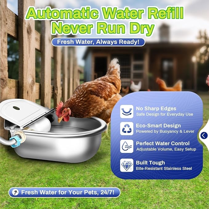 Ademon Automatic Animal Drinking Water Bowl with Float Valve, Extended Pipe,3L Stainless Steel Waterer Feeder Farm Dog Dispenser Kit Self Filling for Livestock Horse Goat Water Trough
