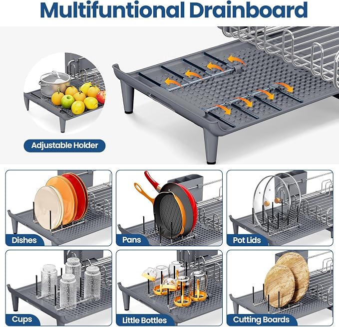 NTD Expandable Dish Drying Rack for Kitchen Counter, 16.7"-26.8", Gray | Large Multifunctional Dish Drainers, Anti-Rust, with Cutlery & Cup Holders, Self-Draining Drainboard, FIts for 4-5 People