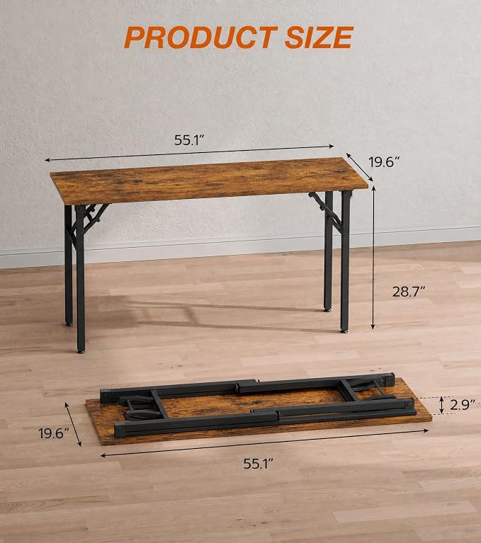 XBurmo Folding Desk Foldable Table, No Assembly 55.1" Foldable Desk Space-Saving Workstation for Small Space, Computer Table, Flat Storage for Home Office, Bedroom, Dorm, Study Room, Rustic Brown