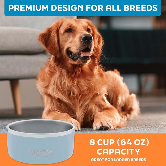 Master Pet Supply Stainless Steel Dog Bowls - 64 oz, Heavy Duty - Glacier Blue, Double Wall Extra-Thick Insulated, Non-Slip Pet Water Bowl for Dogs, Cats & Pets, Anti Rust Metal, Dish Washer Safe