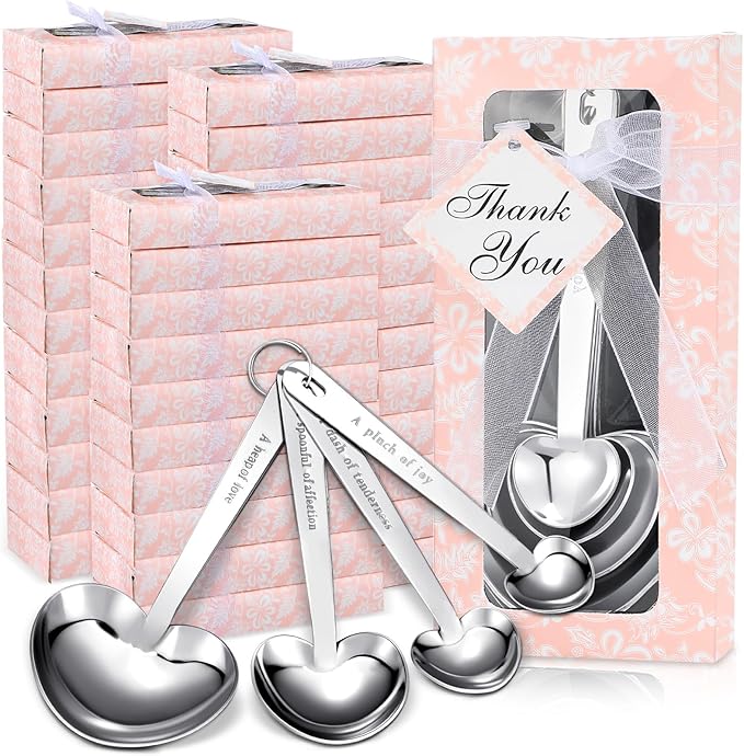 Yinder 50 Sets Heart Measuring Spoons Wedding Favors for Guests with Gift Box and Thank You Card, Bridal Shower Favors Bulk, Kitchen Measuring Spoon Gift Set for Party Souvenirs(Pink)