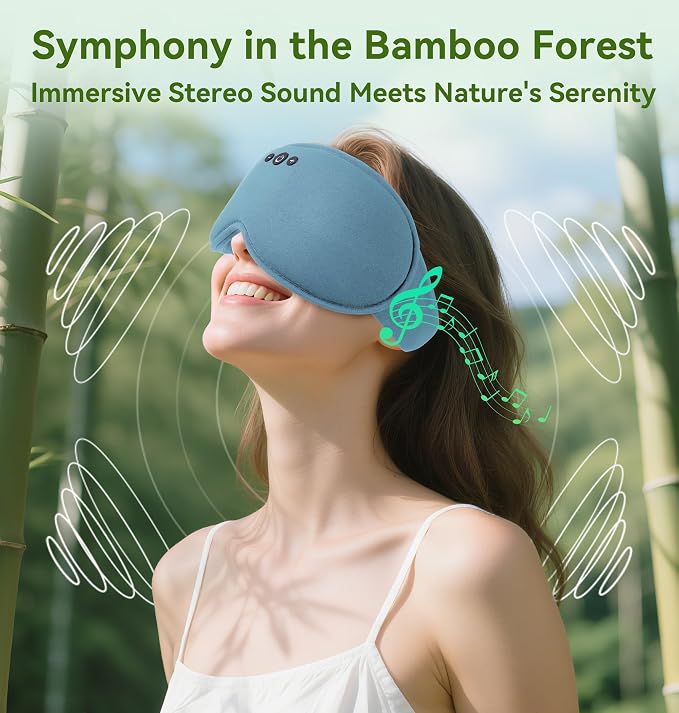 LC-dolida Bamboo Cotton Weighted Bluetooth Sleep Masks, 3D Weighted Sleep Masks with Bluetooth 5.4 Headphones, Total Blackout Bluetooth Sleep Mask for Women Men, Weight Eye Mask for Sleeping, Ash Blue