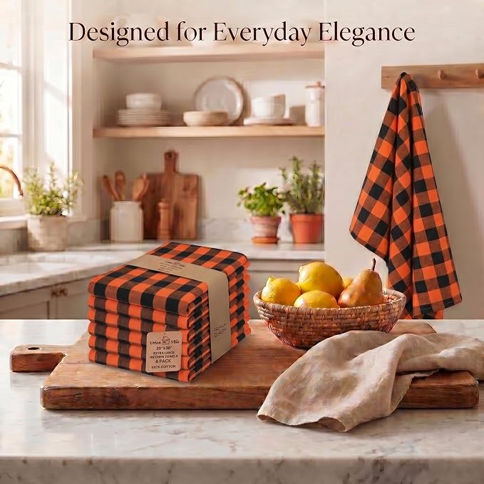 Urban Villa Halloween Kitchen Towels Set of 6 Dish Towels Size 20''x30'' Buffalo Checks Orange/Black 100% Cotton Highly Absorbent Quick Drying Dish Cloths & Dish Towels with Hanging Loop Tea Towels