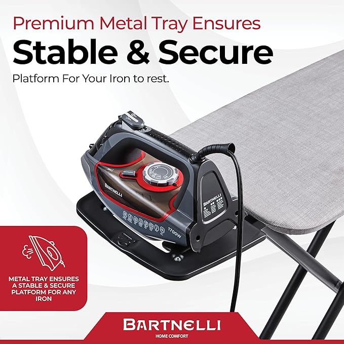 Bartnelli Extreme Stability Ironing Board 43x13 Upgraded Heavy-Duty Metal Frame & Iron Rest, Height Adjustable, Foldable, 4 Non-Skid Feet, 100% Cotton Cover, Made with Patent European Engineering