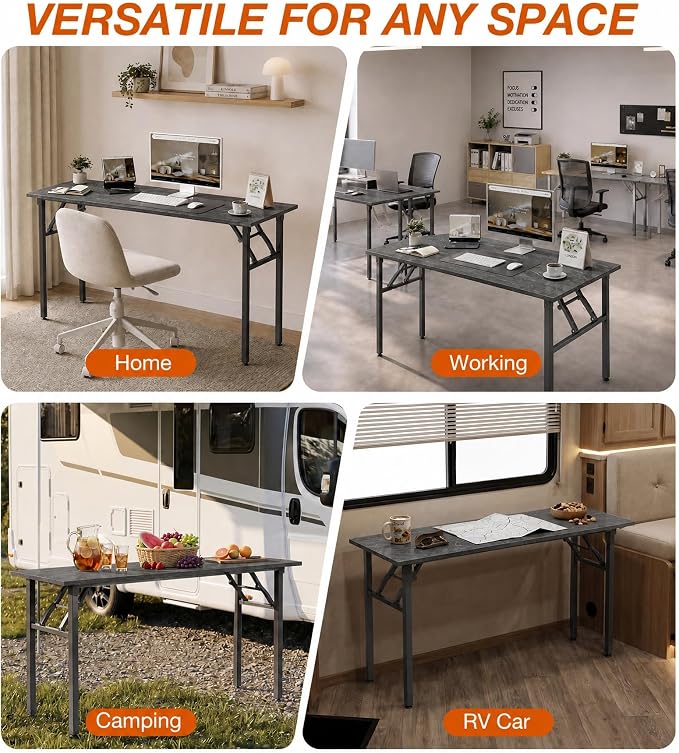 XBurmo Folding Desk Foldable Table, No Assembly 55.1" Foldable Desk Space-Saving Workstation for Small Space, Computer Table, Flat Storage for Home Office, Bedroom, Dorm, Study Room, Marble Greige