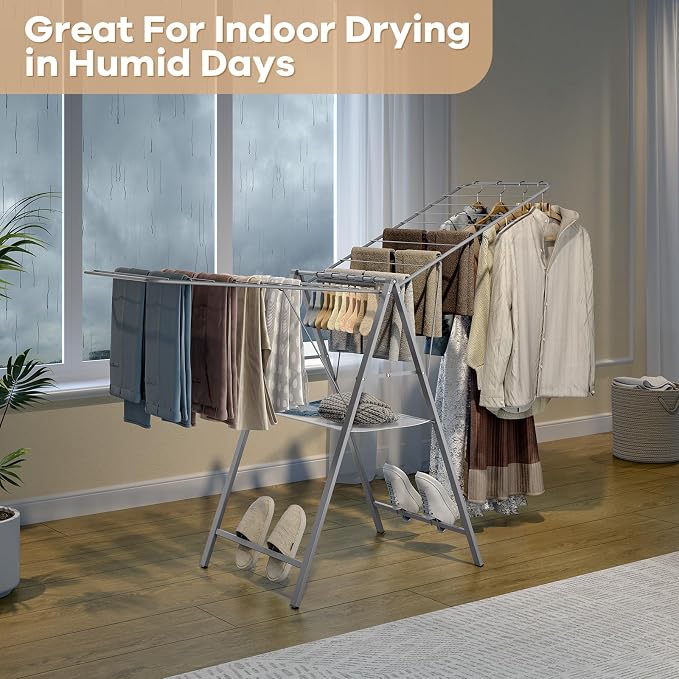 6 Height Adjustable Clothes Drying Rack with Shoe Slots, Grey | Pre-Assembled, Stable Load Structure, 22 Drying Rails, Foldable Space-Saving For Efficient Indoor & Outdoor Airflow Drying
