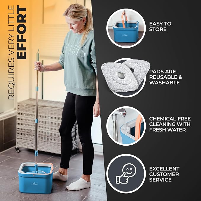 Spin Mop and Bucket Set with Wringer – Dual-Chamber Self Wringing Mop, Flat Microfiber Mop for Hardwood, Tile & Vinyl Floors, 2 Washable Replacement Heads, 63" Handle, Blue