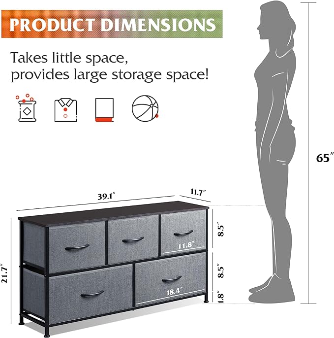 WLIVE Wide Dresser for Bedroom, 5 Drawer Chest of Drawers, Dark Grey | 5 roomy fabric drawers, Wide storage design, Bedroom or closet use, Sturdy steel frame, Smooth wood tabletop