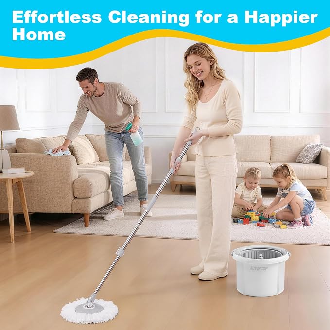 JOYMOOP Spin Mop and Bucket Set, 360° Mop Head & Telescopic Handle, 3 Reusable Microfiber Pads, Wet and Dry Use, Hands-Free Cleaning for Hardwood, Tile, Laminate Floors & Walls