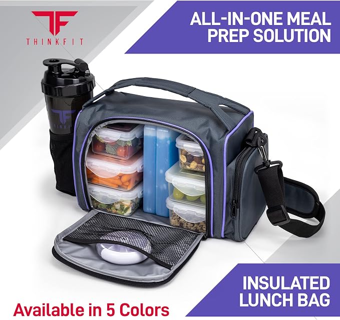 Insulated Meal Prep Lunch Box with 6 Containers, 2 Ice Packs, Purple | Leak-Proof BPA-Free Containers, Shaker Cup, Pill Organizer, Microwave and Freezer Safe, for Work and Gym, ThinkFit