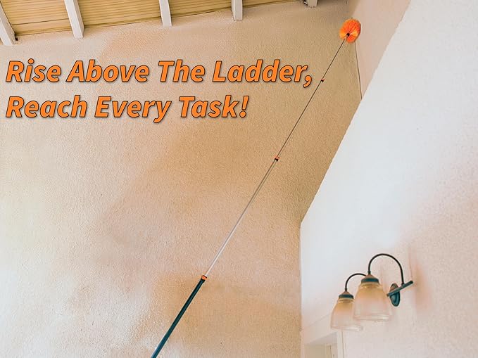 30 Foot High Reach Duster Kit with 5-24 ft Extension Pole // High Ceiling Dusting and Window Cleaning Kit with Telescopic Pole // Baseboard and Wall Washer Mop, Squeegee, Fan Blade & Cobweb Dusters
