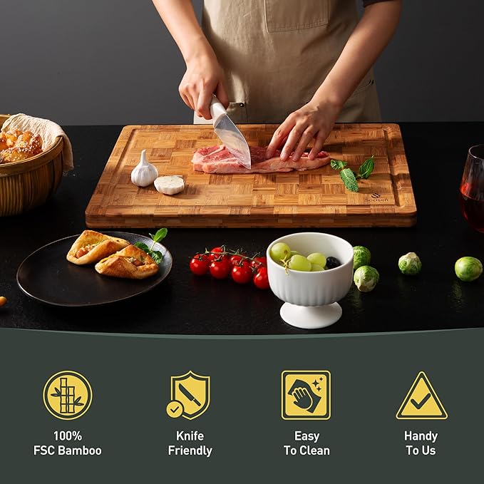 Bamboo Cutting Board 16'' Wood Wooden Cutting Boards for Kitchen Chopping | Heavy Duty, Solid & Durable, Juice Groove, Chopping Board, End Grain, Smart Flexible High Rank Stainless Steel Titanium