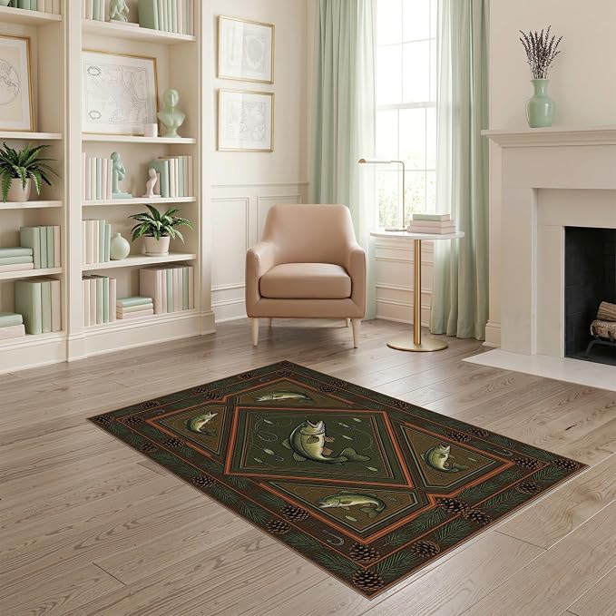 4'x6' Washable Area Rug Bass Lure Cabin Pinecone Hook Border Tackle Motif Fish Fishing Refined for Playroom, Bedroom, Reading Nook, Pet Friendly & Non-Slip